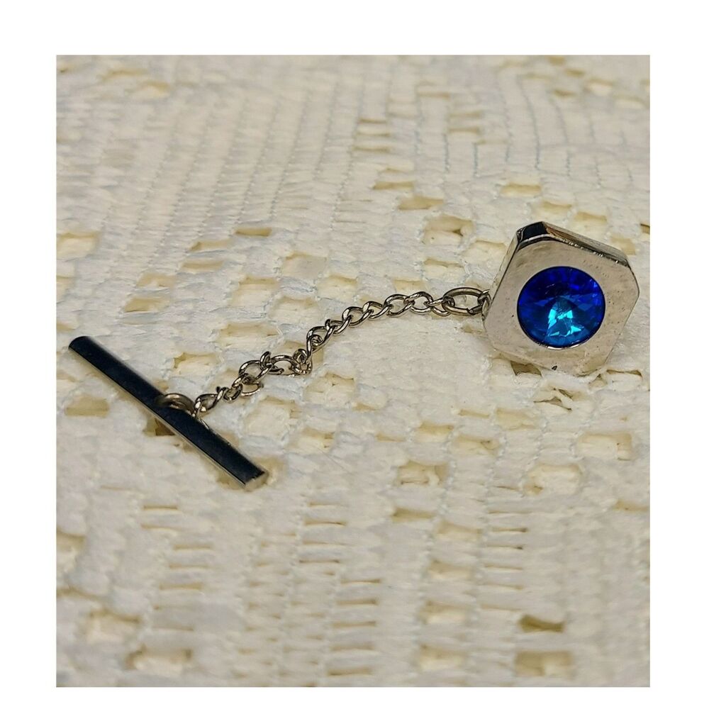Silver Tie Tack with Blue Round Stone for Men
